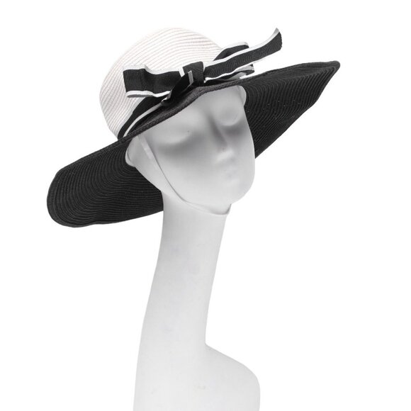 Large Brim Black White Summer Hat Ribbon Classic Faux Straw Wedding Party Event - Picture 1 of 10